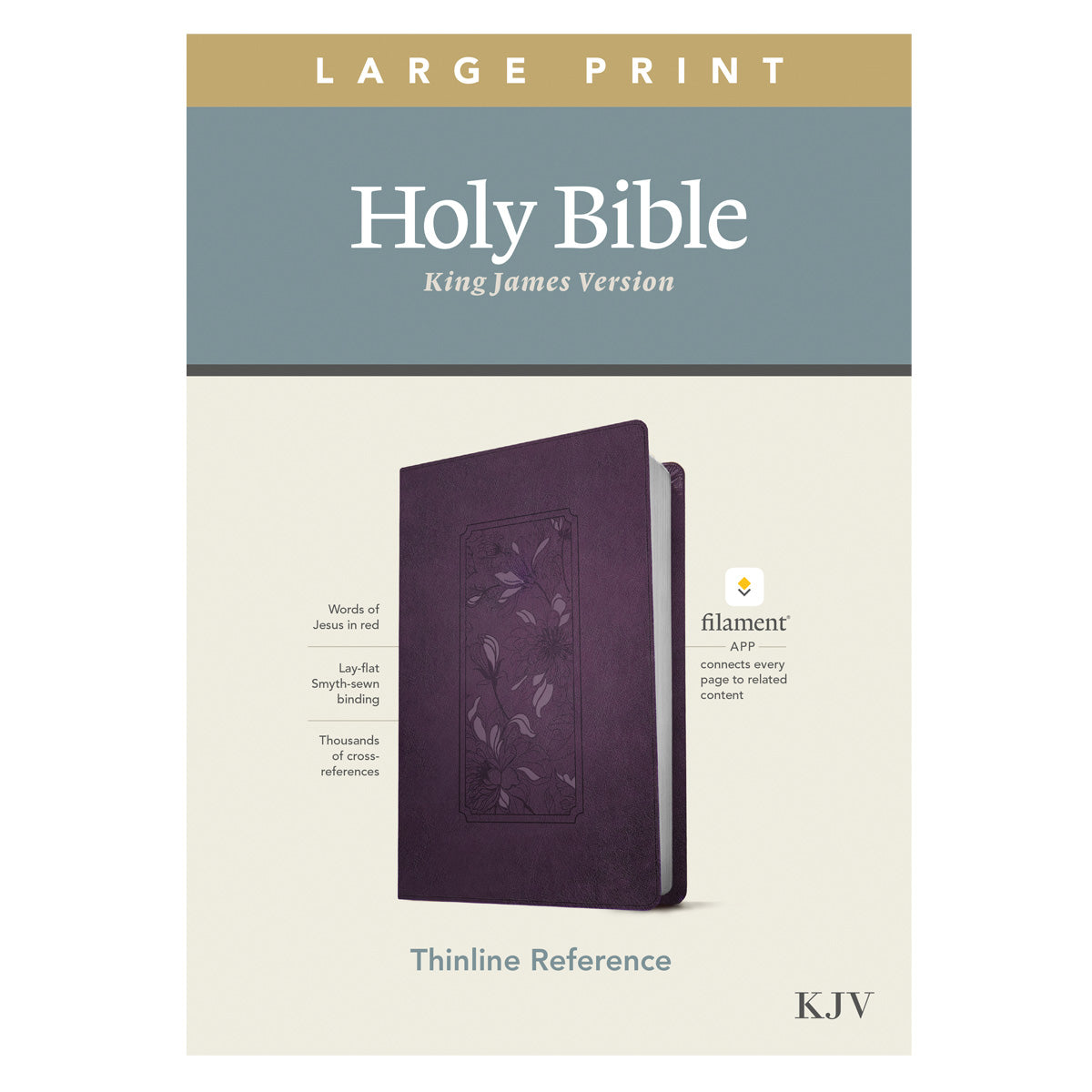 KJV Floral Frame Purple Imitation Leather Filament Thinline Ref Bible Large Print Red Letter