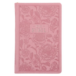 NLV Pienk Blomme Kunsleer Standaard Bybel Met Ritssluiter en Duimgrepe