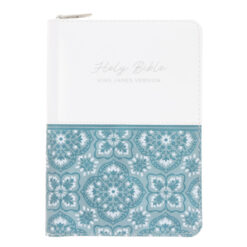 KJV White and Blue Faux Leather Compact Large Print Bible with Zip